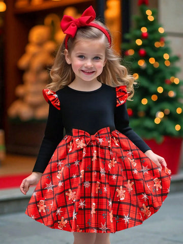 Young Girl Cute Daily Casual Ditsy Floral Knit Patchwork Round Neck Long Sleeve Christmas Dress