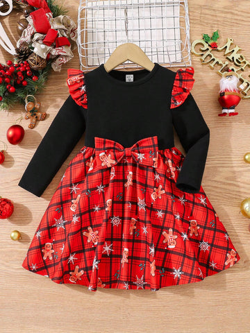 Young Girl Cute Daily Casual Ditsy Floral Knit Patchwork Round Neck Long Sleeve Christmas Dress