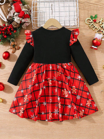 Young Girl Cute Daily Casual Ditsy Floral Knit Patchwork Round Neck Long Sleeve Christmas Dress