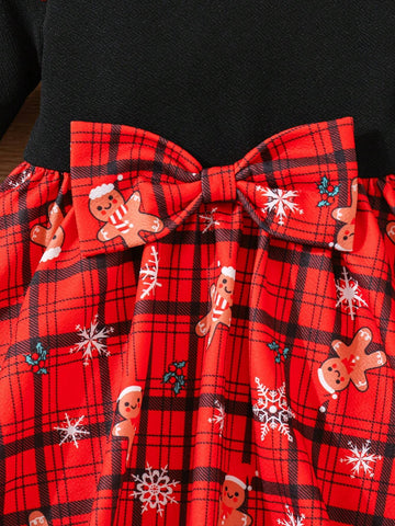 Young Girl Cute Daily Casual Ditsy Floral Knit Patchwork Round Neck Long Sleeve Christmas Dress