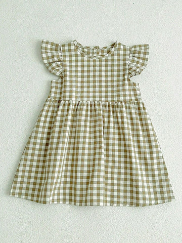 Young Girl Cute Doll Plaid Mini Dress With Puff Sleeves