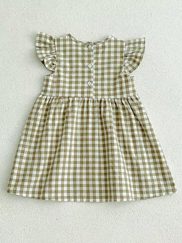 Young Girl Cute Doll Plaid Mini Dress With Puff Sleeves