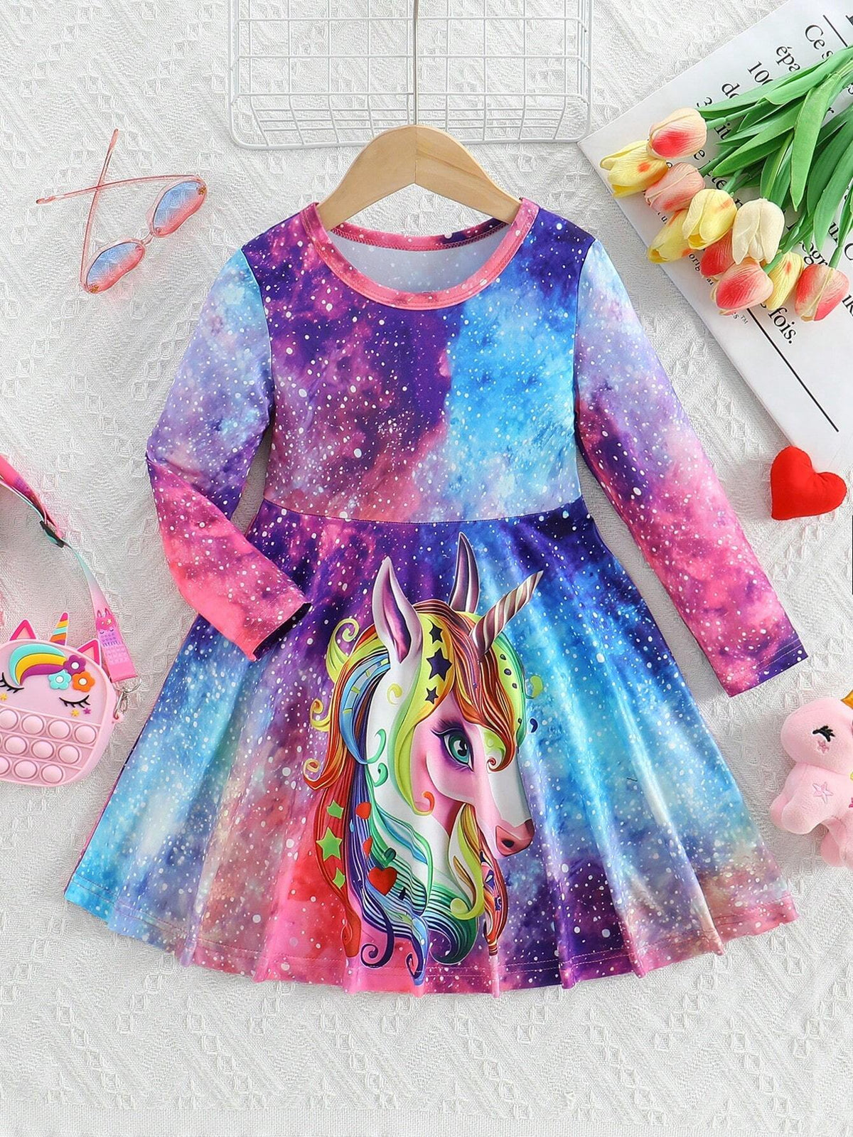 Young Girl' Cute Dreamy Starry Sky Unicorn Print Long Sleeve Knee Length Dress, Spring/Autumn
