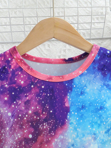 Young Girl' Cute Dreamy Starry Sky Unicorn Print Long Sleeve Knee Length Dress, Spring/Autumn