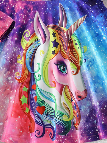 Young Girl' Cute Dreamy Starry Sky Unicorn Print Long Sleeve Knee Length Dress, Spring/Autumn