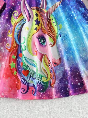 Young Girl' Cute Dreamy Starry Sky Unicorn Print Long Sleeve Knee Length Dress, Spring/Autumn