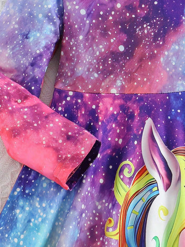 Young Girl' Cute Dreamy Starry Sky Unicorn Print Long Sleeve Knee Length Dress, Spring/Autumn