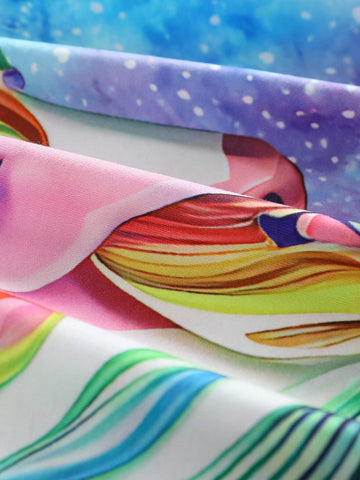 Young Girl' Cute Dreamy Starry Sky Unicorn Print Long Sleeve Knee Length Dress, Spring/Autumn