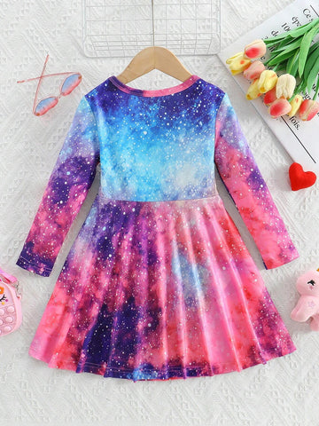 Young Girl' Cute Dreamy Starry Sky Unicorn Print Long Sleeve Knee Length Dress, Spring/Autumn