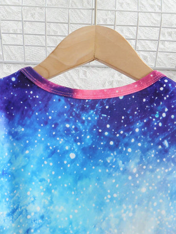 Young Girl' Cute Dreamy Starry Sky Unicorn Print Long Sleeve Knee Length Dress, Spring/Autumn