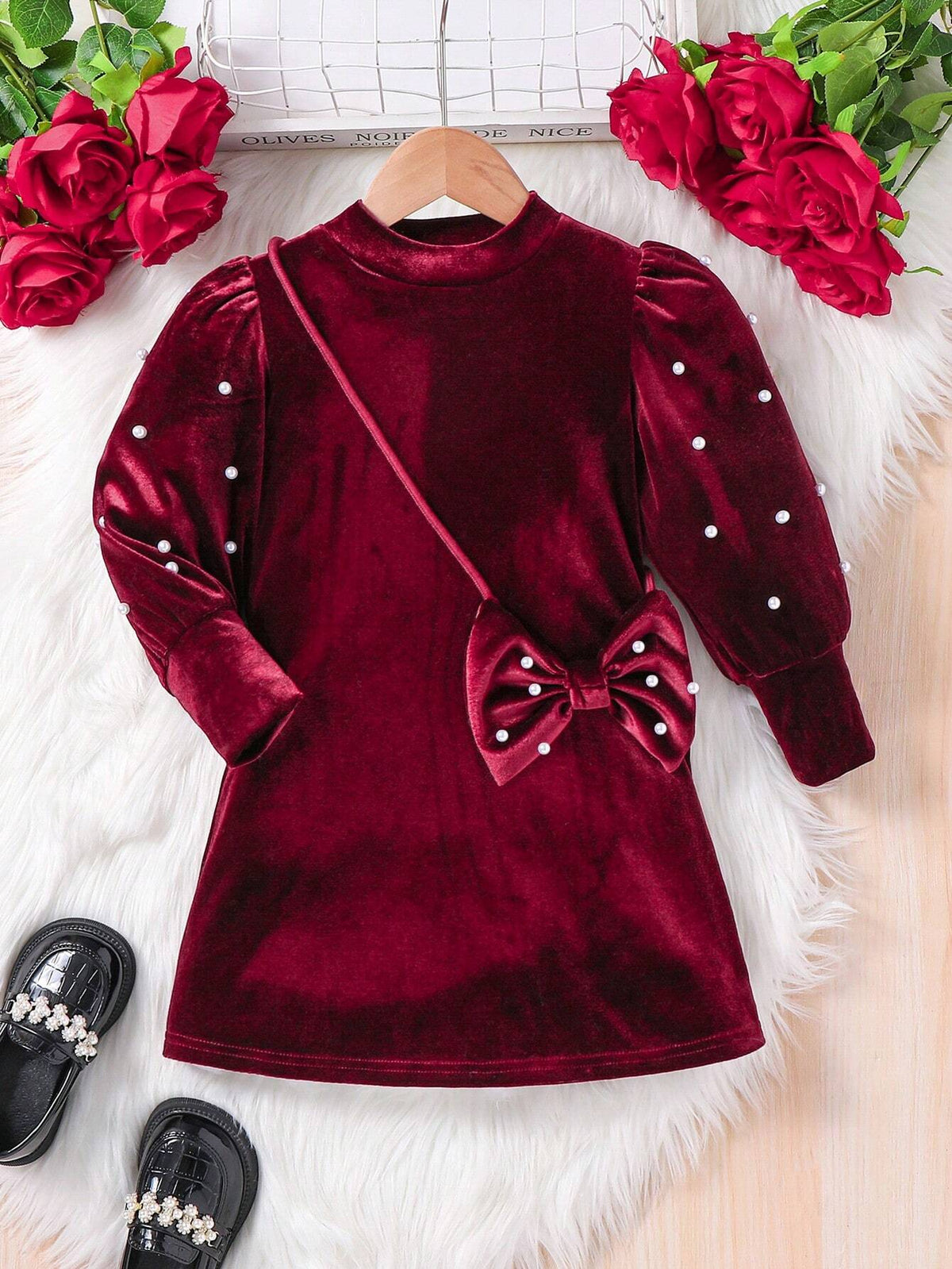Young Girl Cute Dress, Casual Simple Elegant Pearl Decorated Bow Knot Bag Dress, Suitable For Autumn And Winter, For Christmas, Party Wear, Birthday Dress