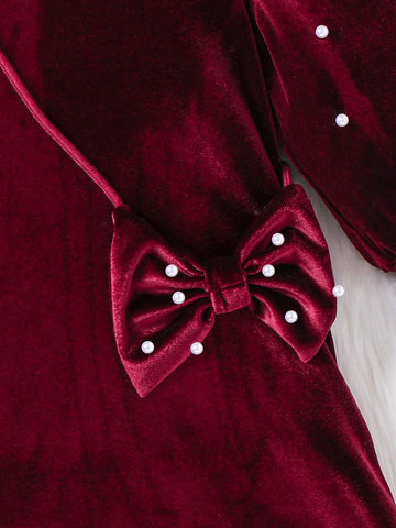 Young Girl Cute Dress, Casual Simple Elegant Pearl Decorated Bow Knot Bag Dress, Suitable For Autumn And Winter, For Christmas, Party Wear, Birthday Dress