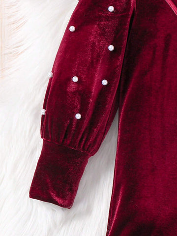 Young Girl Cute Dress, Casual Simple Elegant Pearl Decorated Bow Knot Bag Dress, Suitable For Autumn And Winter, For Christmas, Party Wear, Birthday Dress