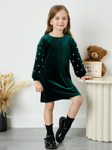 Young Girl Cute Elagant Pearls Details Puff Sleeve Velvet Dress , Suitable For Autumn And Winter