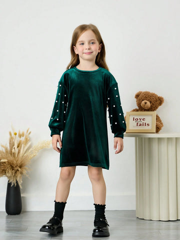 Young Girl Cute Elagant Pearls Details Puff Sleeve Velvet Dress , Suitable For Autumn And Winter