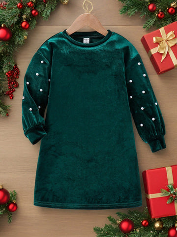 Young Girl Cute Elagant Pearls Details Puff Sleeve Velvet Dress , Suitable For Autumn And Winter