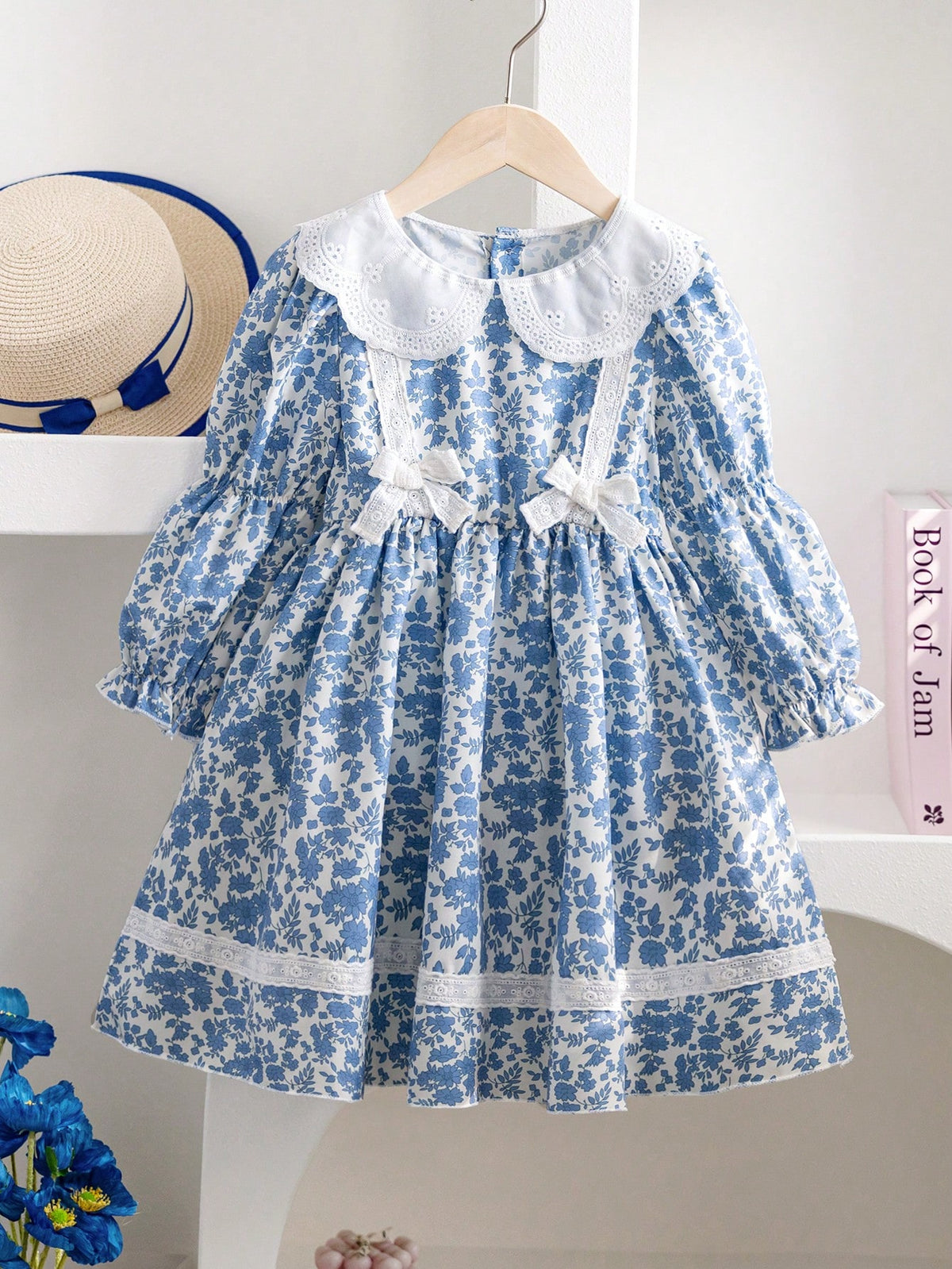 Young Girl Cute Elegant Ditsy Floral, Lace Collar, Ruffle Sleeve, Fashion Graceful Party Dress