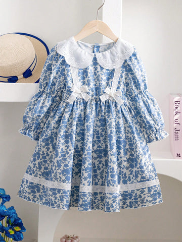 Young Girl Cute Elegant Ditsy Floral, Lace Collar, Ruffle Sleeve, Fashion Graceful Party Dress