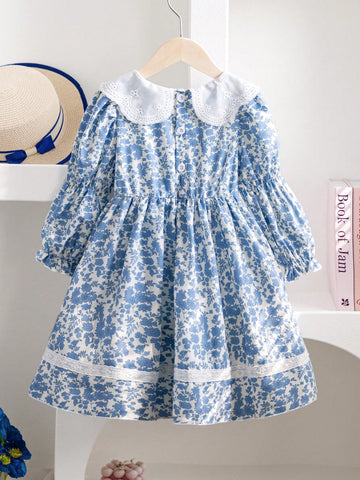 Young Girl Cute Elegant Ditsy Floral, Lace Collar, Ruffle Sleeve, Fashion Graceful Party Dress