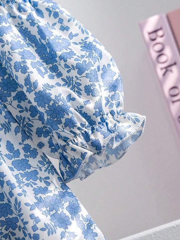 Young Girl Cute Elegant Ditsy Floral, Lace Collar, Ruffle Sleeve, Fashion Graceful Party Dress