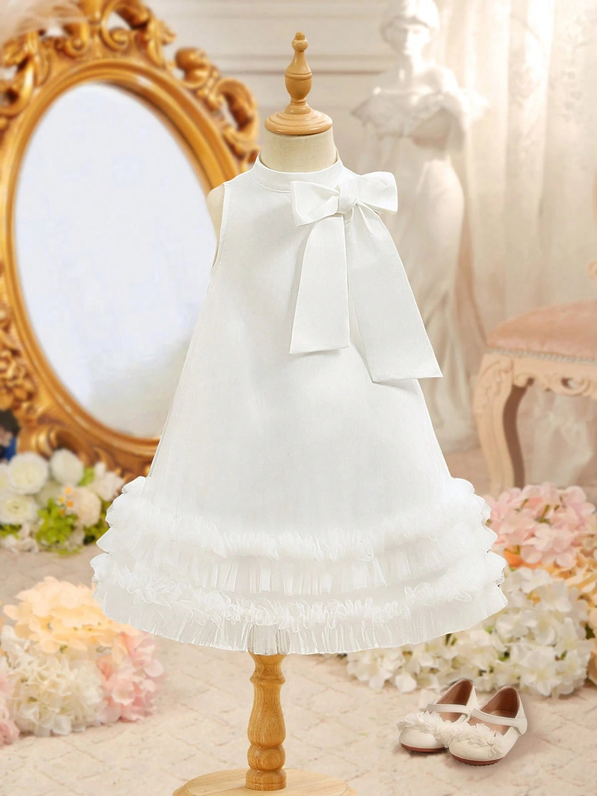 Young Girl Cute Elegant White Satin Contrast Mesh Bow Decor Summer Dress