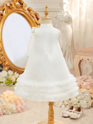 Young Girl Cute Elegant White Satin Contrast Mesh Bow Decor Summer Dress