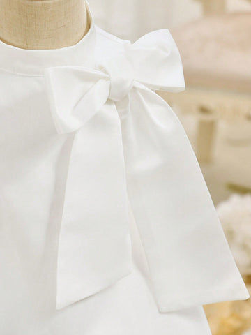 Young Girl Cute Elegant White Satin Contrast Mesh Bow Decor Summer Dress