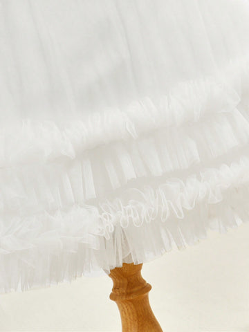 Young Girl Cute Elegant White Satin Contrast Mesh Bow Decor Summer Dress