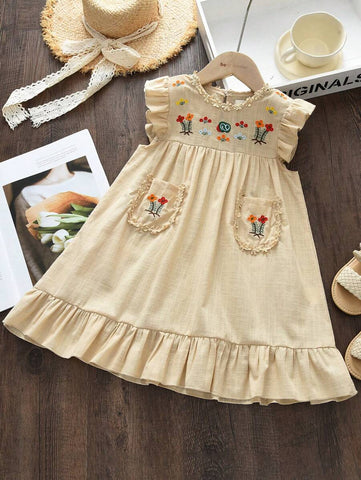 Young Girl Cute Embroidered Floral Dress With Ruffle Trim, Summer