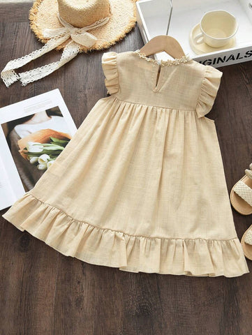 Young Girl Cute Embroidered Floral Dress With Ruffle Trim, Summer