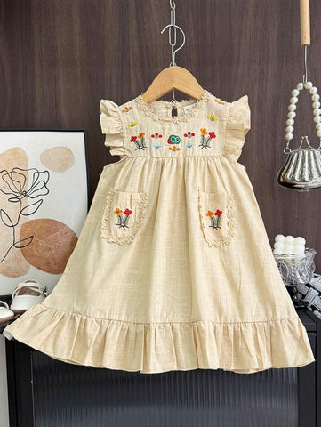 Young Girl Cute Embroidered Floral Dress With Ruffle Trim, Summer