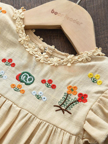 Young Girl Cute Embroidered Floral Dress With Ruffle Trim, Summer