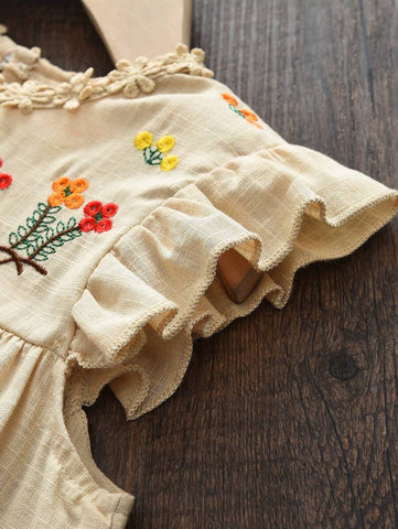 Young Girl Cute Embroidered Floral Dress With Ruffle Trim, Summer