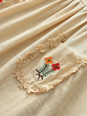 Young Girl Cute Embroidered Floral Dress With Ruffle Trim, Summer