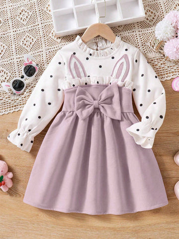 Young Girl' Cute Fashion Polka Dot Patchwork Rabbit Ear Decor Bow Ruffle Collar Long Sleeve Dress, Autumn/Winter New Arrival