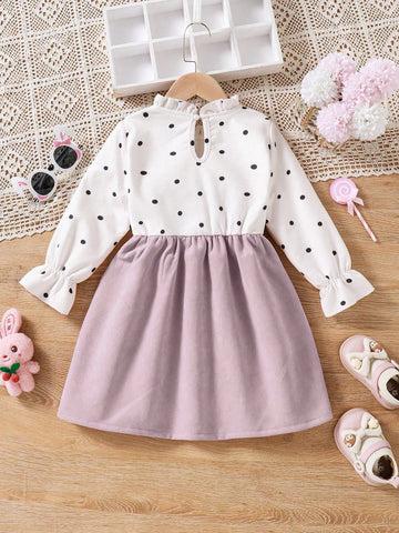 Young Girl' Cute Fashion Polka Dot Patchwork Rabbit Ear Decor Bow Ruffle Collar Long Sleeve Dress, Autumn/Winter New Arrival