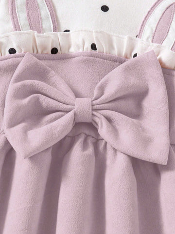 Young Girl' Cute Fashion Polka Dot Patchwork Rabbit Ear Decor Bow Ruffle Collar Long Sleeve Dress, Autumn/Winter New Arrival