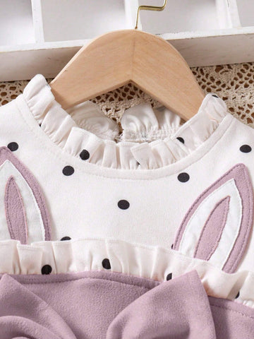 Young Girl' Cute Fashion Polka Dot Patchwork Rabbit Ear Decor Bow Ruffle Collar Long Sleeve Dress, Autumn/Winter New Arrival