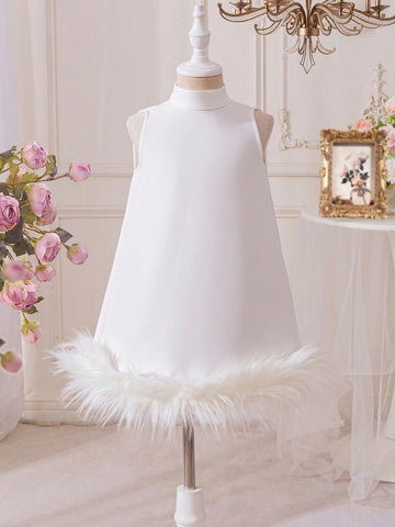 Young Girl Cute Feathers Hem Decorated A-Line Dress