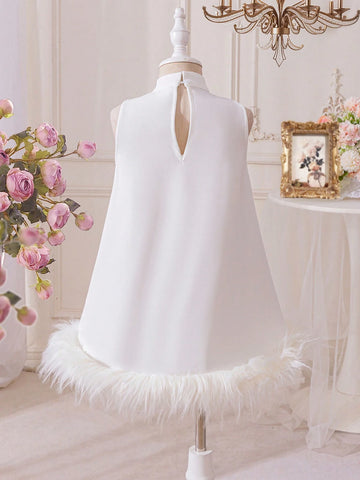 Young Girl Cute Feathers Hem Decorated A-Line Dress