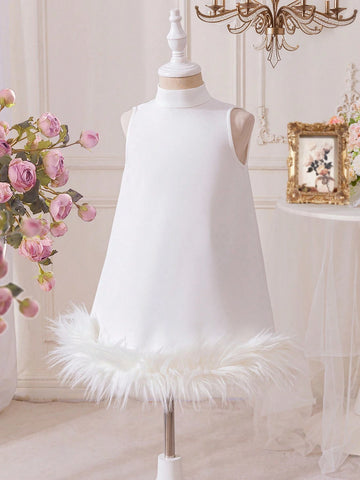 Young Girl Cute Feathers Hem Decorated A-Line Dress