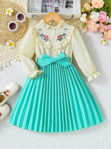 Young Girl Cute Floral Embroidered Ruffled Hem 2 In 1 Dress With Button Placket And Belt, Elegant And Versatile For Autumn/Winter Everyday Wear