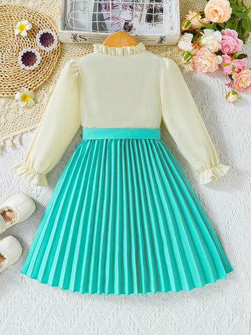 Young Girl Cute Floral Embroidered Ruffled Hem 2 In 1 Dress With Button Placket And Belt, Elegant And Versatile For Autumn/Winter Everyday Wear