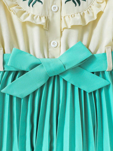 Young Girl Cute Floral Embroidered Ruffled Hem 2 In 1 Dress With Button Placket And Belt, Elegant And Versatile For Autumn/Winter Everyday Wear