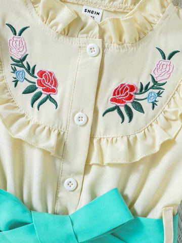 Young Girl Cute Floral Embroidered Ruffled Hem 2 In 1 Dress With Button Placket And Belt, Elegant And Versatile For Autumn/Winter Everyday Wear