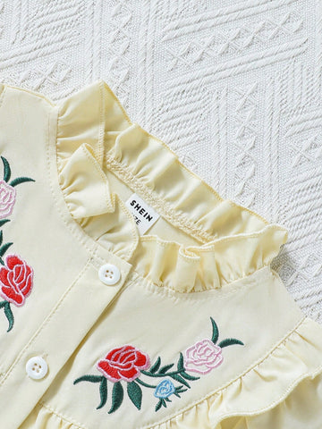 Young Girl Cute Floral Embroidered Ruffled Hem 2 In 1 Dress With Button Placket And Belt, Elegant And Versatile For Autumn/Winter Everyday Wear