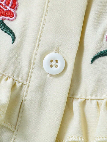 Young Girl Cute Floral Embroidered Ruffled Hem 2 In 1 Dress With Button Placket And Belt, Elegant And Versatile For Autumn/Winter Everyday Wear