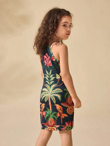 Young Girl Cute Floral Print Knit Strap Vacation Dress, Summer