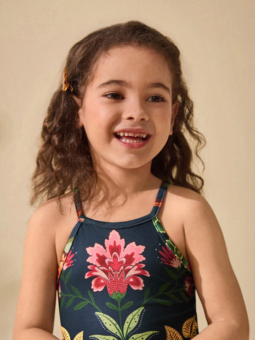 Young Girl Cute Floral Print Knit Strap Vacation Dress, Summer