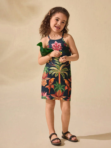 Young Girl Cute Floral Print Knit Strap Vacation Dress, Summer